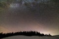 Winter mountains night landscape panorama. Milky Way bright constellation in dark blue starry sky over dark spruce pine trees Royalty Free Stock Photo