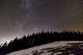 Winter mountains night landscape panorama. Milky Way bright constellation in dark blue starry sky over dark spruce pine trees Royalty Free Stock Photo