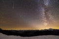 Winter mountains night landscape panorama. Milky Way bright constellation in dark starry sky, soft glow on horizon after sunset, Royalty Free Stock Photo