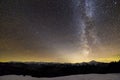 Winter mountains night landscape panorama. Milky Way bright constellation in dark starry sky, soft glow on horizon after sunset,