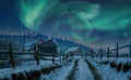 Winter mountains night panorama witn northern light. Beautiful Aurora borealis
