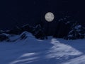 Winter mountains at night under the moon