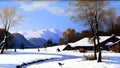 Winter mountains snowy landscape with pines forest and hills in the background. Illustration drawing of snow-covered