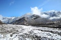 Winter and mountains . There is fog at the foot of the mountains . It snowed on the river stones. In winter, the river water