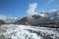 Winter and mountains . There is fog at the foot of the mountains . It snowed on the river stones. In winter, the river water