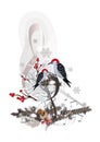 Winter music. Abstract treble clef decorated with snowflakes and notes, holly and birds.