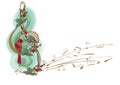 Winter music. Abstract treble clef decorated with snowflakes and notes, holly and birds.