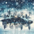 Winter Music Collage, Surreal Trendy Contemporary Poster, Snowing Music Concept, Sounds of Nature