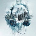 Winter Music Collage, Surreal Trendy Contemporary Poster, Snowing Music Concept, Sounds of Nature