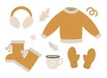 Winter mustard colored clothes set. Collection of vector clothing items for cold weather. Flat illustration of knitted warm Royalty Free Stock Photo