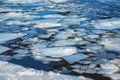 Winter nature background with blocks of ice on frozen water in spring. Abstract background of drifting ice on water Royalty Free Stock Photo