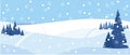 Winter nature, landscape. Field with fir trees, snowy white hills, snowdrifts, sky with snowflakes, meadow. Vector illustration