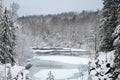 Landscape with a frozen river in the middle of a snow covered forest Royalty Free Stock Photo