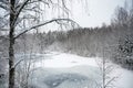 Winter nature landscape with a frozen river in the snow covered forest Royalty Free Stock Photo