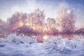 Winter nature landscape in snowfall. Snowy and frosty trees in morning sunlight. Christmas background Royalty Free Stock Photo