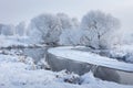 Winter nature. Winter landscape. Snowy trees on riverbank. Christmas. Frosty background Royalty Free Stock Photo