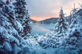 Winter nature mountain scene at sunset. Amazing snowy mountains. Fir trees near ice mountain lake