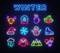 Winter neon icons set. Christmas neon signs design template. Bright signboard, light banner, Isolated icon. Vector Royalty Free Stock Photo