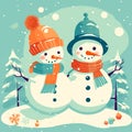 Winter New Year Christmas background. Two cheerful snowmen in the winter forest, primitive pattern style Royalty Free Stock Photo