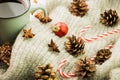 Winter and New Year theme. Christmas hot steaming cup of glint wine with spices, anise, fir cones, cookies in a shape of star, red