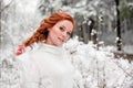 Winter nice woman portrait in december forest Royalty Free Stock Photo