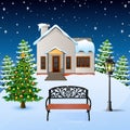 Winter night background with house, wood bench and christmas tree on the snow hills