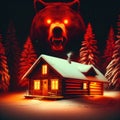 Winter night cabin. Grizzly bear. Glowing red evil eyes. Vintage, retro 80s poster illustration style. Bear attack in the winter Royalty Free Stock Photo