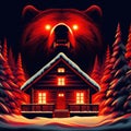 Winter night cabin. Grizzly bear. Glowing red evil eyes. Vintage, retro 80s poster illustration style. Pine forest. Royalty Free Stock Photo