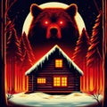 Winter night cabin. Grizzly bear. Glowing red evil eyes. Vintage, retro 80s poster illustration style. Snow covered forest. Royalty Free Stock Photo