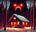 Winter night cabin. Grizzly bear. Glowing red evil eyes. Vintage, retro 80s poster illustration style. Snow covered rooftop. Royalty Free Stock Photo