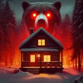 Winter night cabin. Grizzly bear. Glowing red evil eyes. Vintage, retro 80s poster illustration style. snow covered woods. Royalty Free Stock Photo