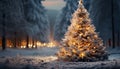 Winter night celebration snow covered forest, illuminated Christmas tree, glowing decorations generated by AI Royalty Free Stock Photo