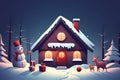 Winter night city in retro style. Christmas background with houses, fir tree, snowman. Cozy city in flat style. Cartoon Royalty Free Stock Photo