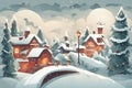 Winter night city in retro style. Christmas background with houses, fir tree, snowman. Cozy city in flat style. Cartoon Royalty Free Stock Photo