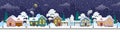 Winter night cityscape panorama street view with suburban houses cottages merry christmas and happy new year