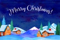 Winter night country landscape with houses, mountains and firs. Title `Merry Christmas`. Royalty Free Stock Photo