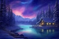 Winter night with a cozy cabin by a lake in snow covered forest and colorful nothern light in the sky Royalty Free Stock Photo