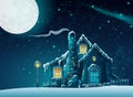Winter night with a fabulous home in the moonlight Royalty Free Stock Photo