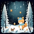 Winter night forest with a greeting baby deer and a cute squirrel, Holidays Inspirations Royalty Free Stock Photo