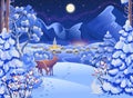Winter night forest landscape with deers,  rabbit, village, mountains, moon and starry sky. Vector drawing illustration in cartoon Royalty Free Stock Photo