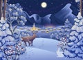 Winter night forest landscape with deers, rabbit, village, mountains, moon and starry sky. Vector drawing illustration in cartoon