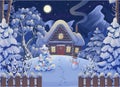 Winter night forest landscape with wooden house, mountains, moon and starry sky, snowman, Christmas tree. Vector drawing Royalty Free Stock Photo