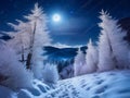 Winter night with full moon and starry sky. Frost covered trees in a mountain forest. Landscape with fresh snow. Royalty Free Stock Photo