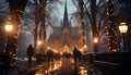 Winter night, illuminated cathedral, spirituality in the snow generated by AI