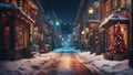 Winter night illuminated city street with snow covered sidewalks