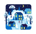 Winter night illustration with children playing winter games, sledding and making a snowman - Vector flat cartoon Royalty Free Stock Photo