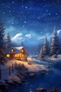 Winter night illustration with copy space, a cozy cabin by a river, surrounded by snow covered pine trees