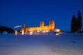 Winter night landscape with an ancient fortress. Savonlinna, Finland