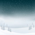 Winter night landscape background with snowfall in the fog. Christmas tree, fir forest with mist.