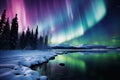 Winter night landscape with colorful northern lights in the forest on the lake shore. Aurora Borealis. AI generated Royalty Free Stock Photo